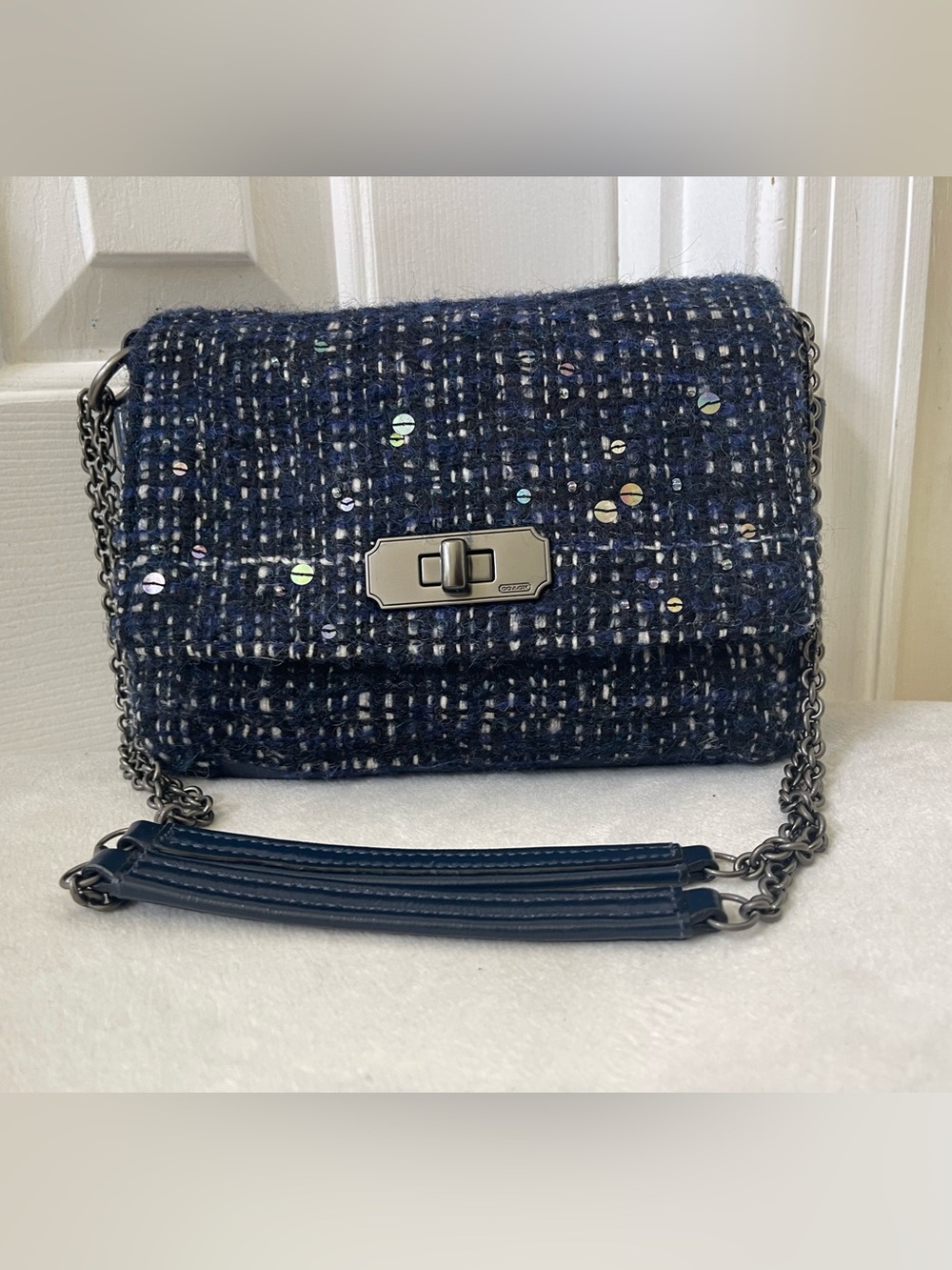 Coach Navy Tweed Chain Crossbody with Gunmetal Hardware